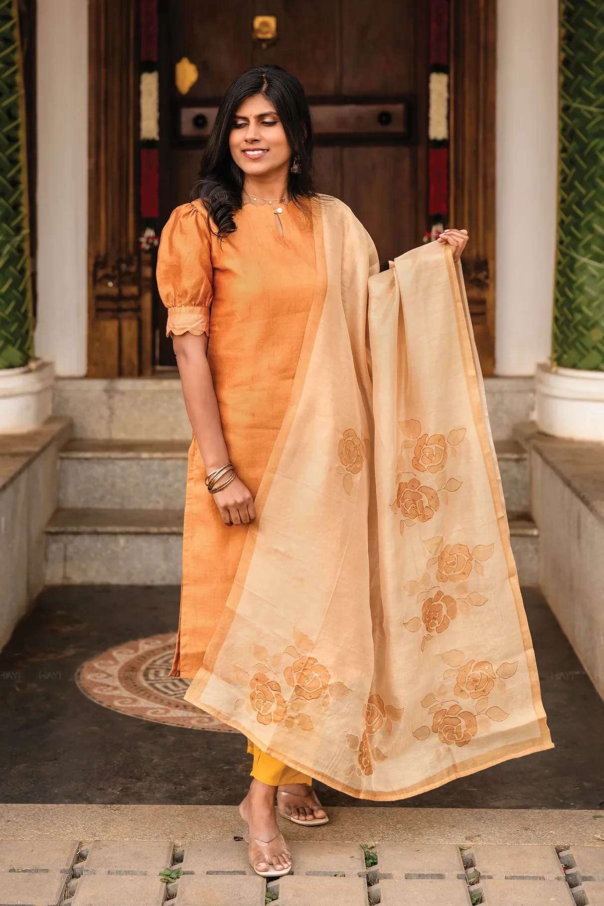 Aurel Yellow 3 Piece Tussar Silk Blend Printed Kurta with Pant & Dupatta